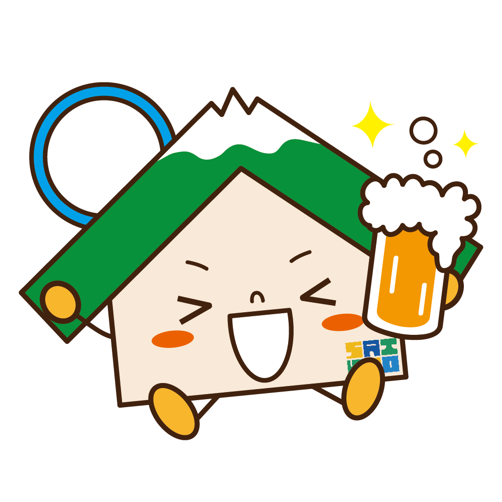 ビールジョッキを掲げる家の形のキャラクターのイラスト